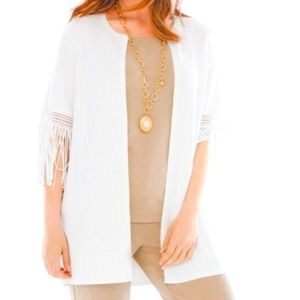 Womens Chico's Travelers Coll Chevron Fringe Duster JACKET Sz 8 White NWT